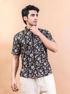 Miravan Men's Floral Printed Half Sleeve Spread Collar Ethnic Motifs Black Slim Fit Shirt