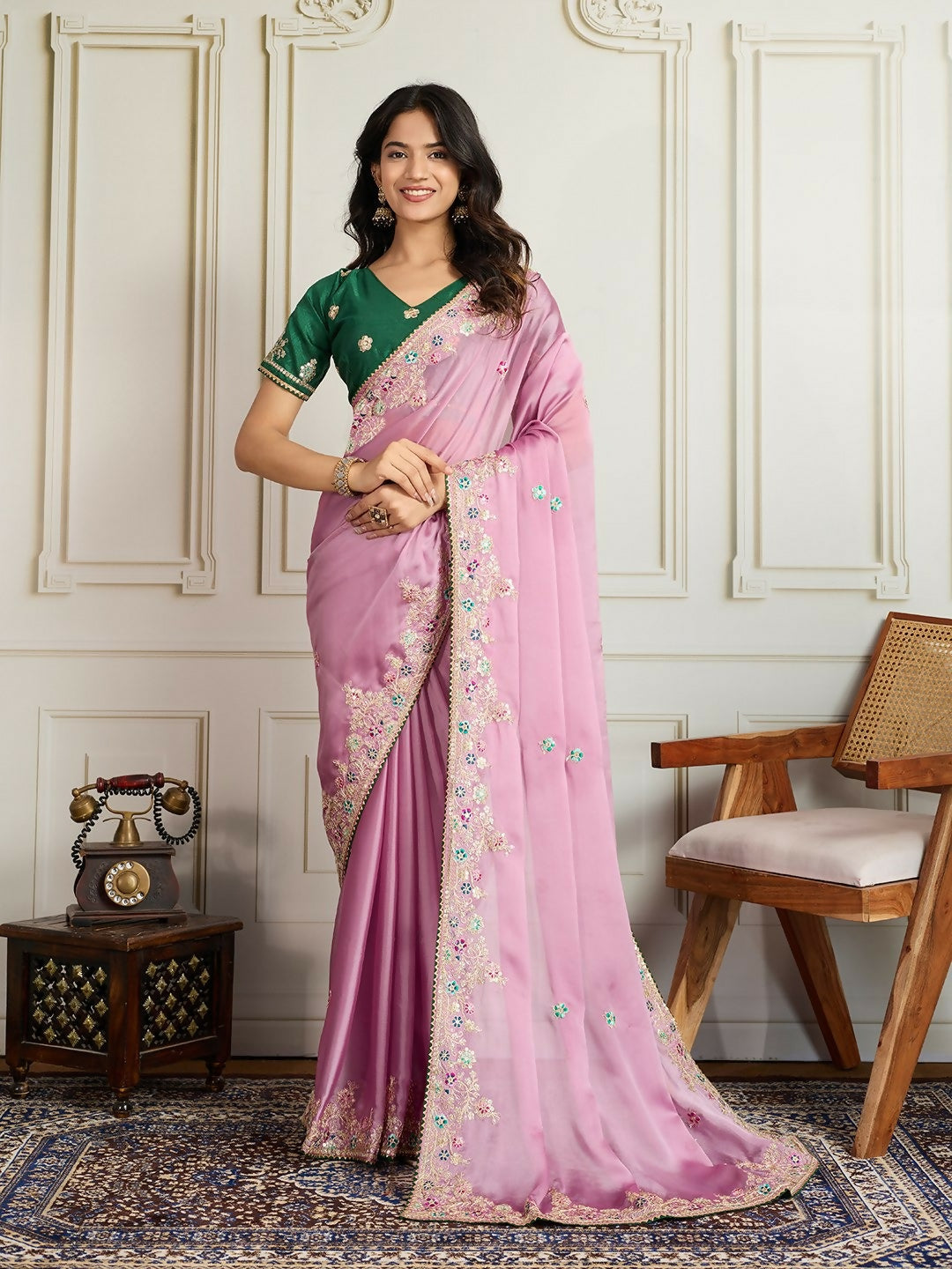 Ai Fashion Pink Rangoli Silk Embroidery Party Wear Saree - Distacart
