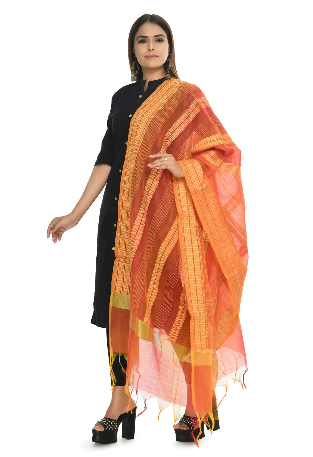 Mominos Fashion Moeza Handloom Cotton Orange Tone Dupatta - Distacart