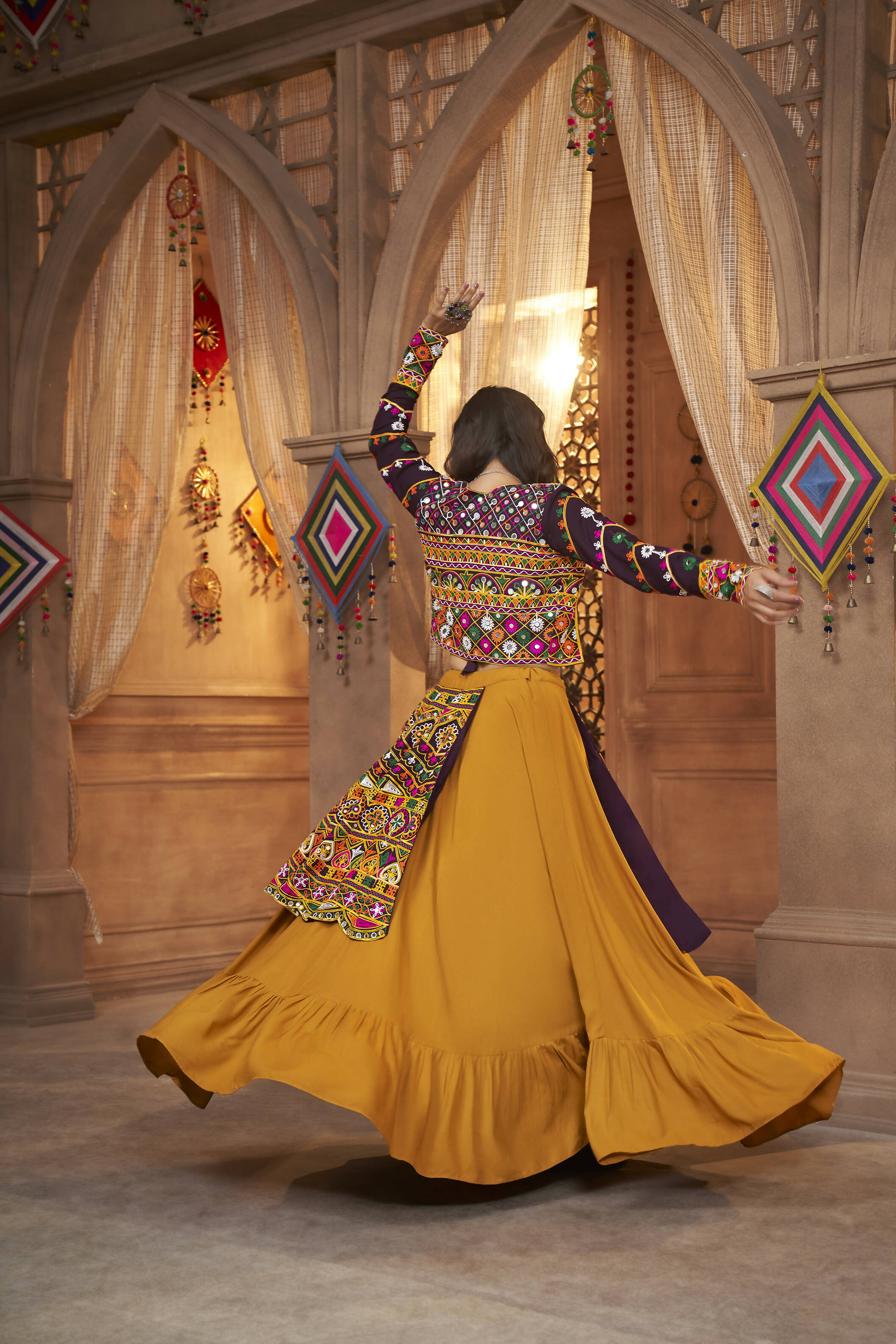 Mustared Yellow Viscose Rayon Thread Embroidered Work With Mirror All Over Navratri Lehenga Choli With Dupatta - Raas