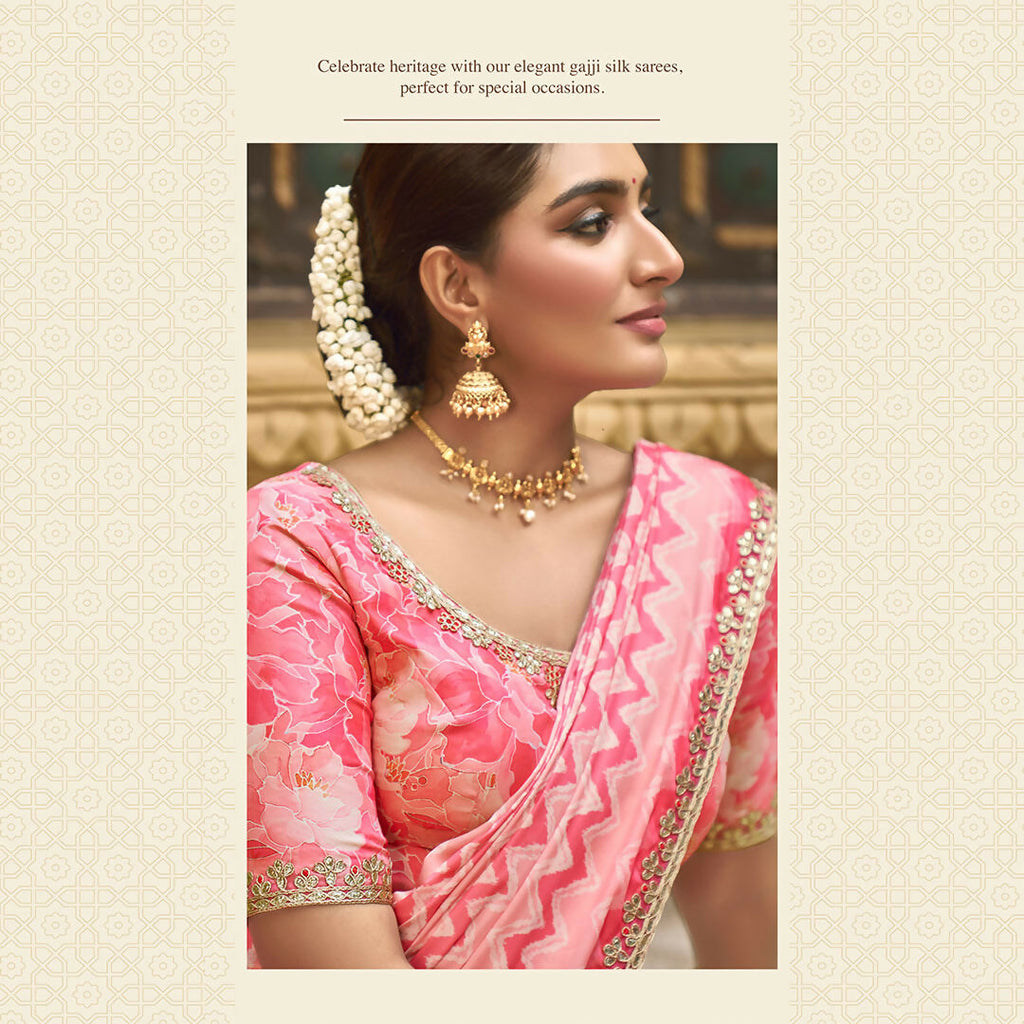 Pink Gajji Silk Foil With Moti Work Saree With Unstitched Blouse - Norita Gajri