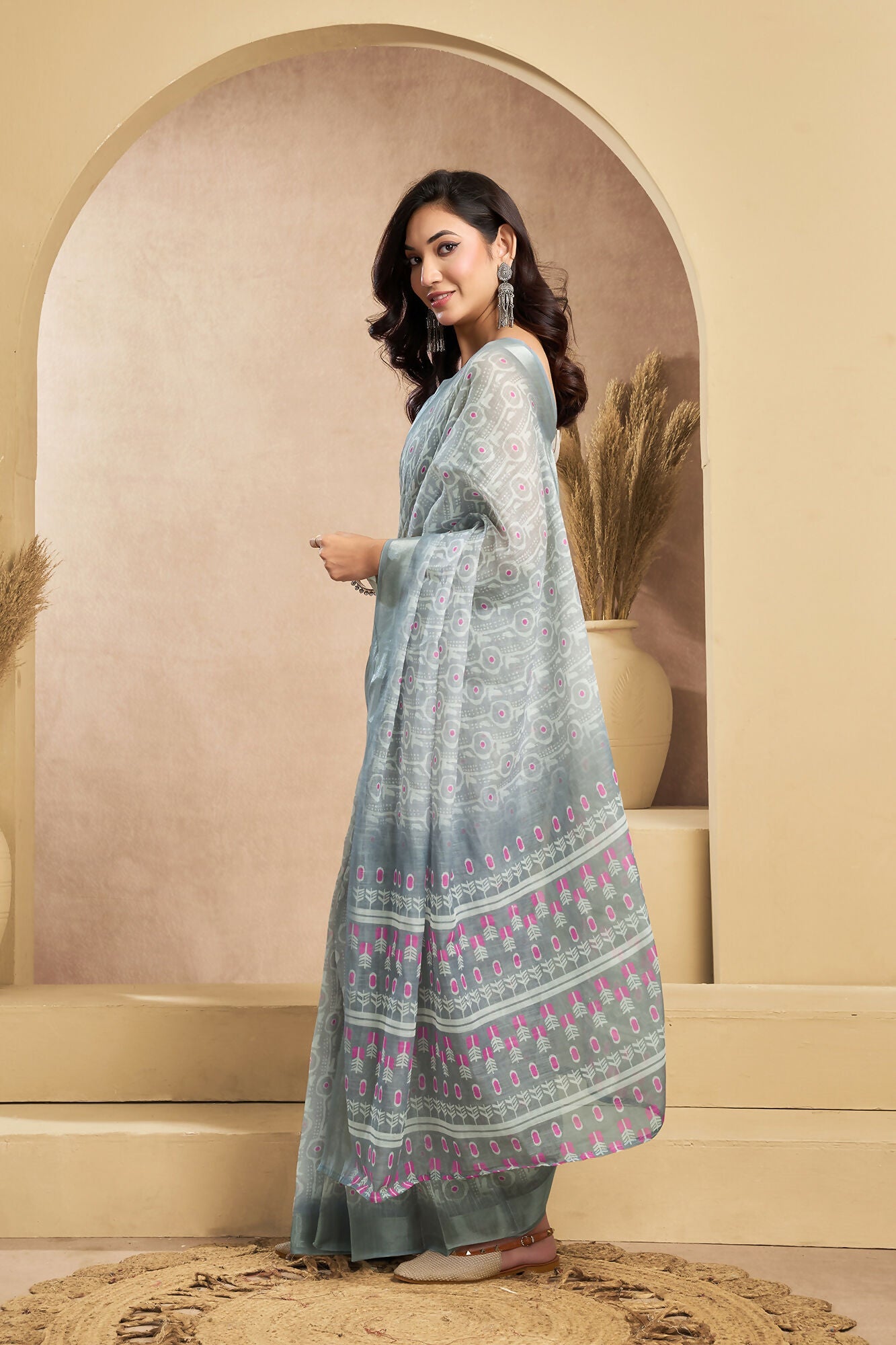 Vastranavya Grey Digital Printed Linen Ready To Wear Designer Saree with Unstitched Blouse - Distacart