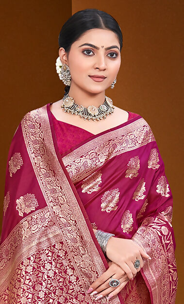 Sangam Prints Dark Pink Silk Woven Work Traditional Saree