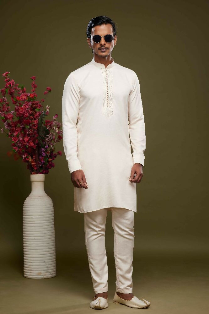 Raivat Ethnic Art Banarasi Silk Thread Work Kurta Pajama In Cream Colour