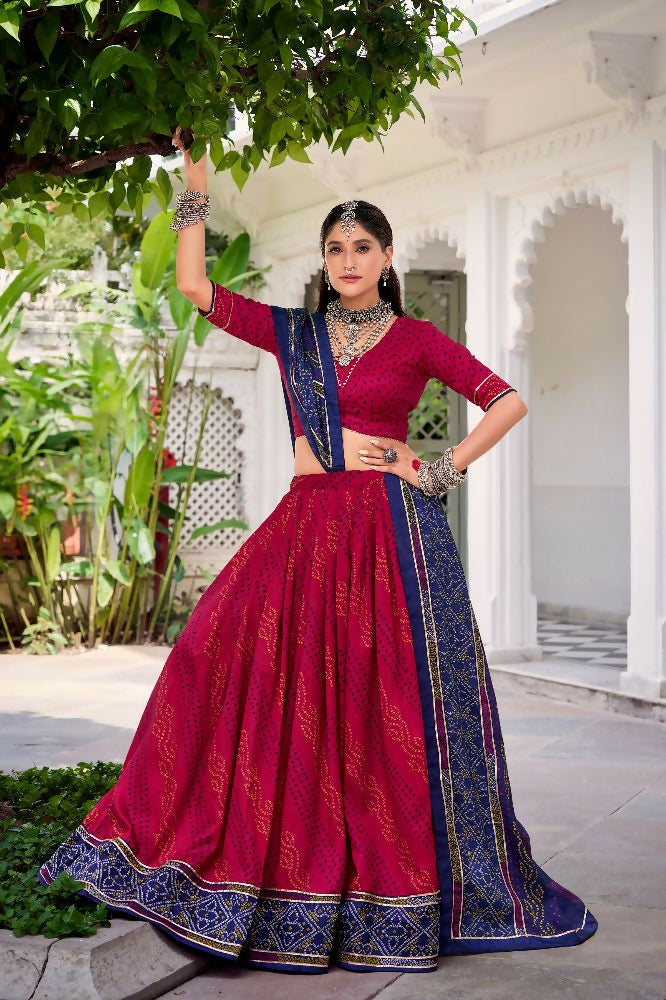 Evanik Pink Tassa Silk With Bandhej Print Lehenga Choli - Distacart