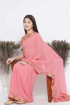 Little Bansi Floral Print Ready To Wear Saree And Floral Blouse - Coral