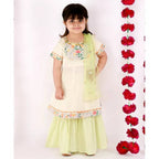 Little Bansi Girls Green Sikka work Gold strip Kurta Frock with sharara and Dupatta