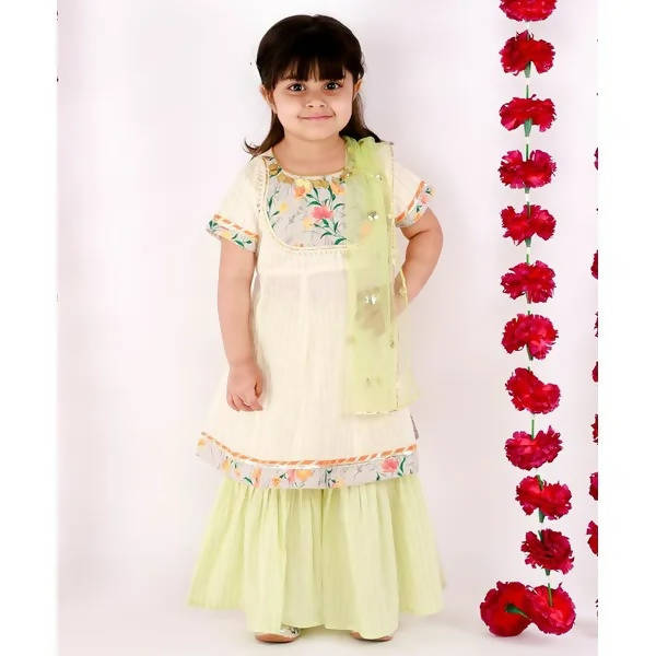 Little Bansi Girls Green Sikka work Gold strip Kurta Frock with sharara and Dupatta