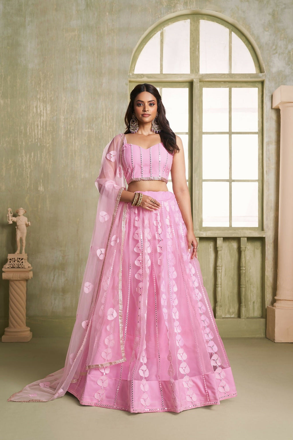 Eilara Pink Net Lehenga Choli With Embroidered, Sequins And Thread Work For Women