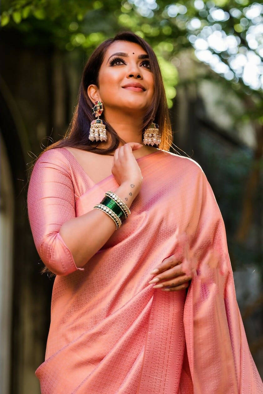 DEIANA'S Beautiful Designer Golden zari Soft Lichi Silk Saree - Light Pink