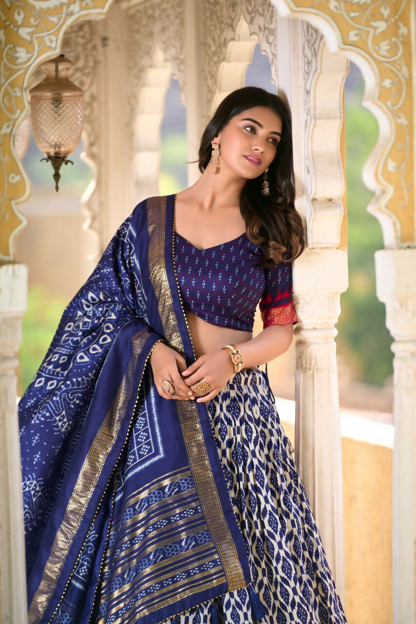 Vastranavya Designer Ikkat Print With Foil Work Lehenga Choli - Navy Blue