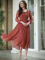 Souchii Rust Orange Printed Fit & Flare Dress