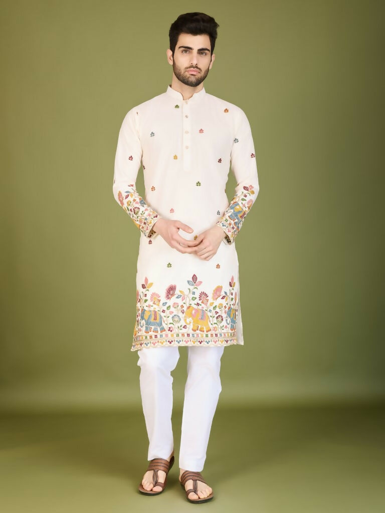 Vastranavya White Exclusive Festival Wear Cotton Sequence Embroidered & Thread Work Kurta