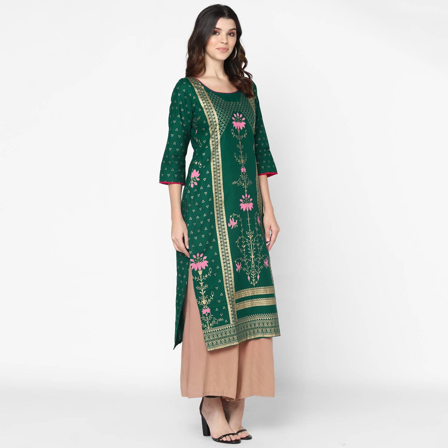 Cheera Hand Block Print Green Straight Kurta (MAAI-063K)