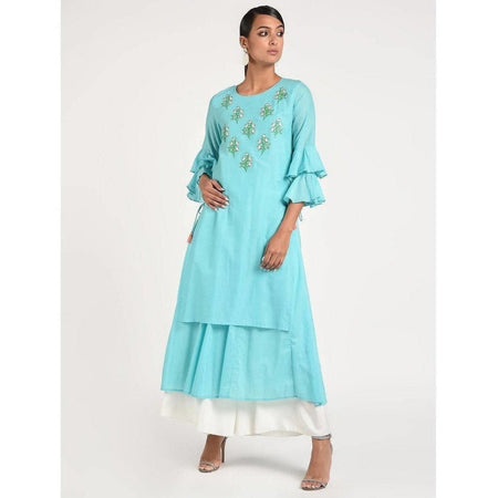 Cheera Women's Anarkali Double Layered Kurta With Contrast Embroidery And Side Dori Tasal (CH020K)