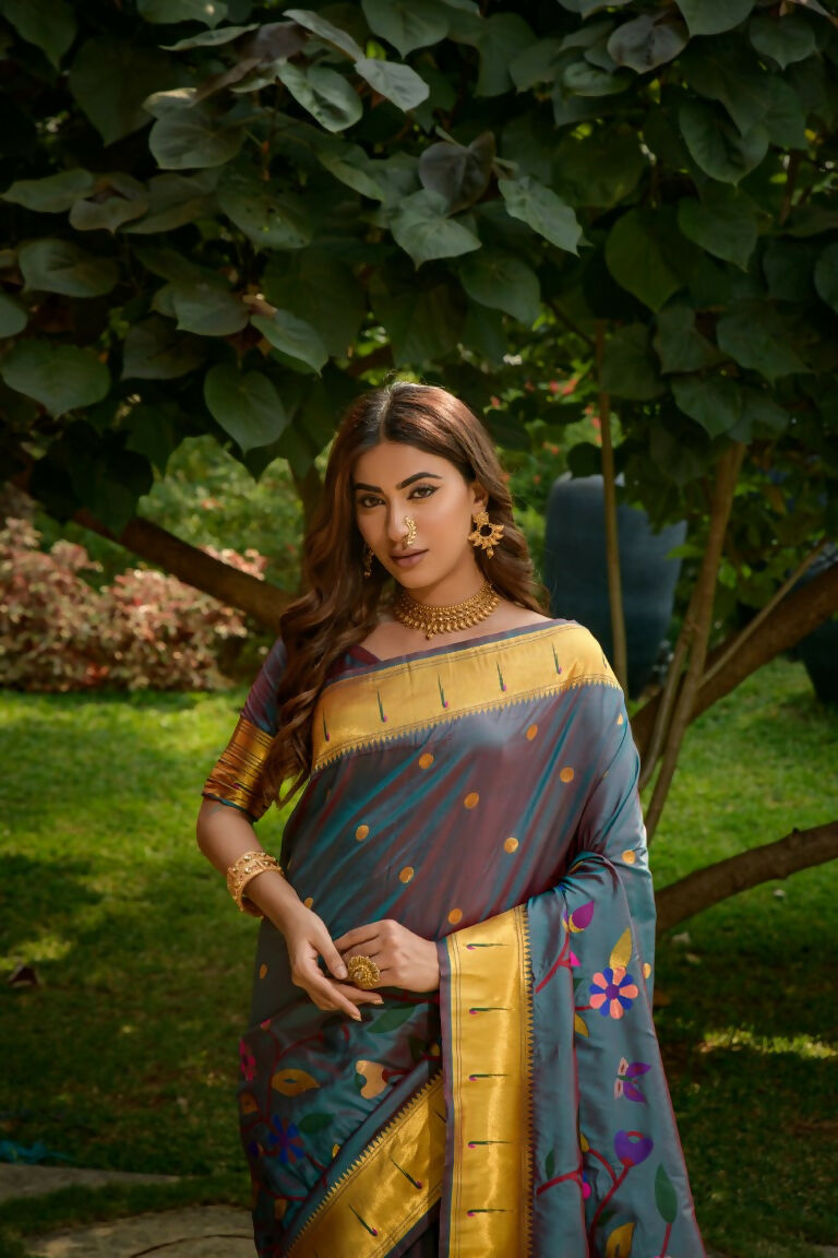 Jyoti Fashion Women's Morpich Paithani Silk Zari Woven Saree with Blouse