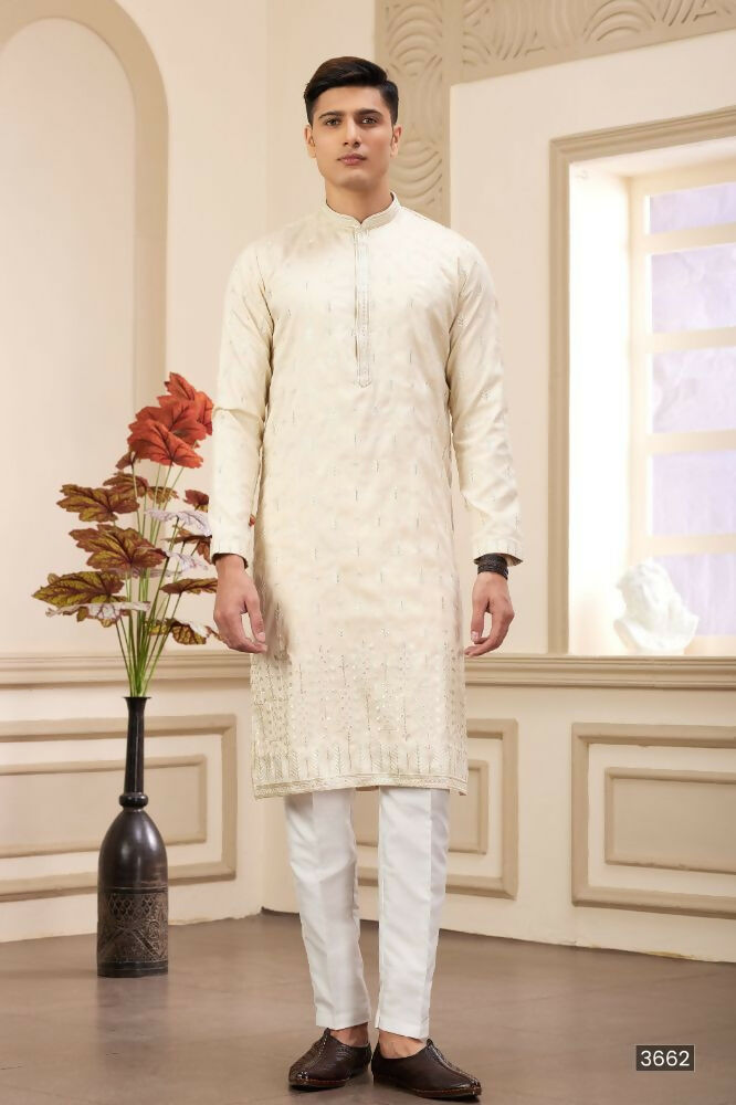 Raivat Ethnic Art Silk Thread Work Kurta Pajama In Beige Colour