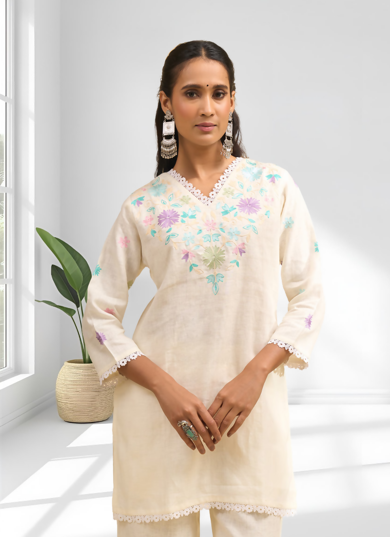 Joban Fashion Cream Linen Embroidered Readymade Cord Set - Distacart