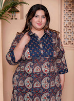 Miravan Womens Plus Size Cotton Floral Printed Shirt-Collar Straight Kurta and Palazzo set