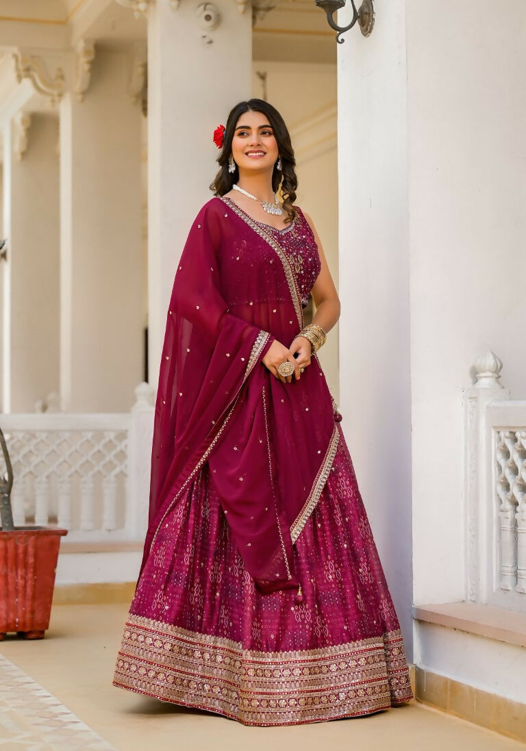 Wedding Partywear Wine Slim Georgette Lehengha Choli With Dupata - Agnidhara