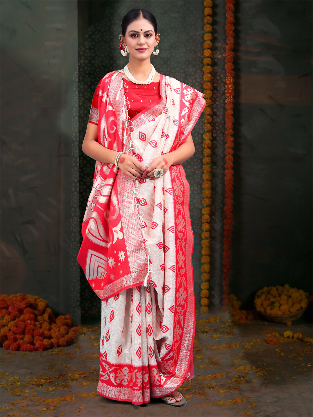 Shree Shyam Fashion Devistuti Red White Linen Cotton Saree