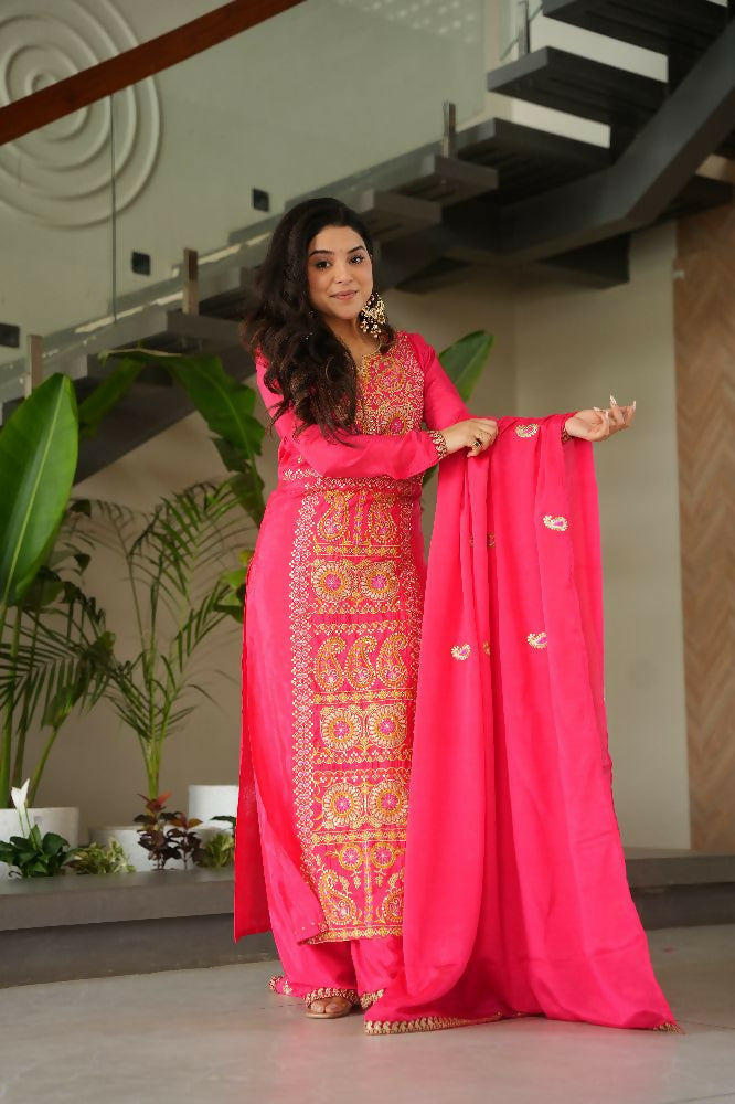 Joban Fashion Gajri Kurta Set Silk Sequins , Zari, Coding & Thread Embroidered work - Distacart