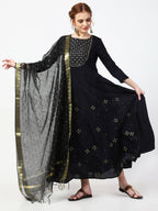 Cheera Embellished Party Wear Anarkali Dress with Dupatta - Black
