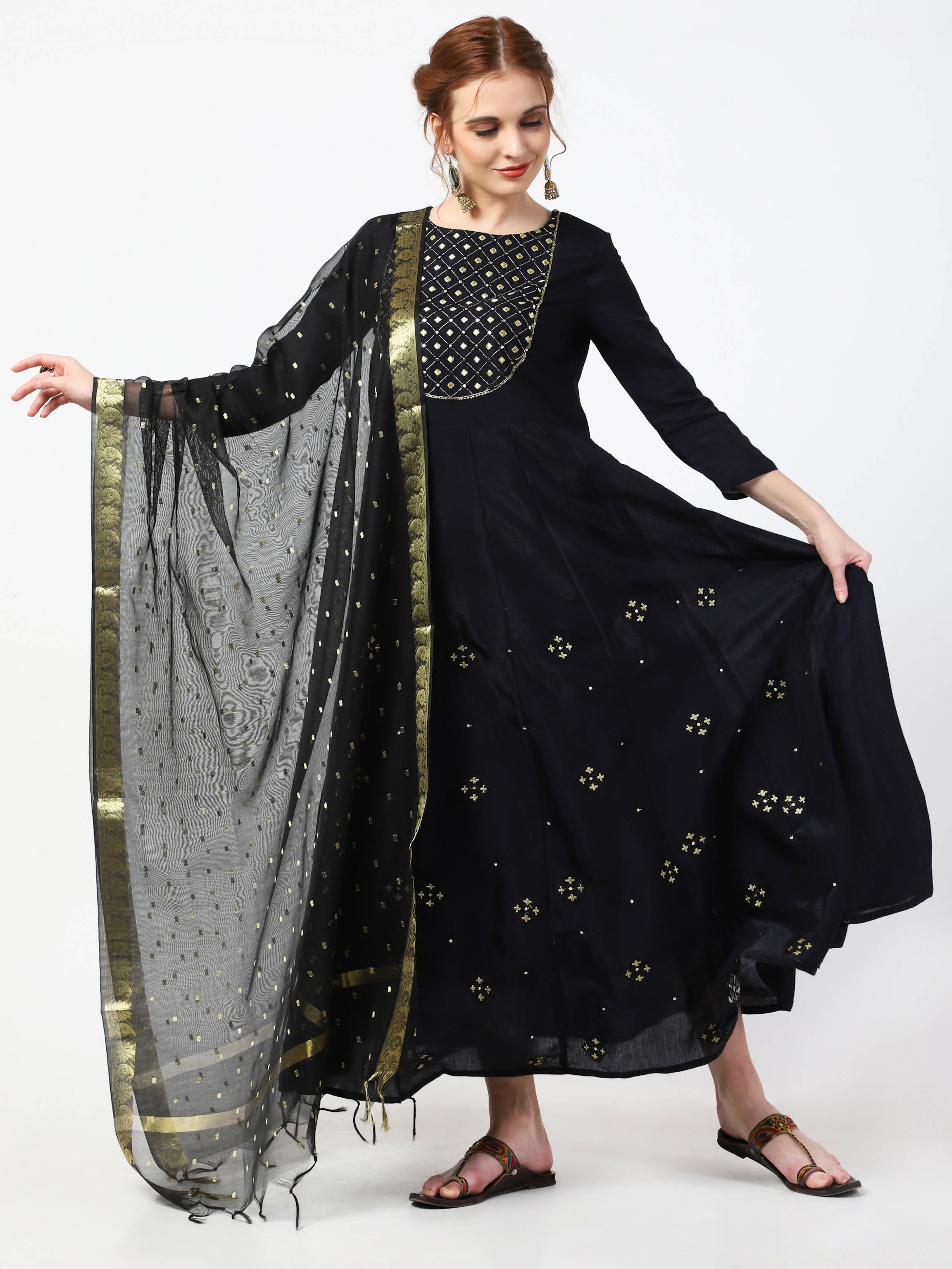 Cheera Embellished Party Wear Anarkali Dress with Dupatta - Black