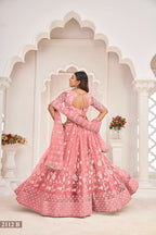 Eilara Women'S Peach Butterfly Net White Cotton Thread And Zari Sequence Embroidered Work Lehenga Choli For Party Wear