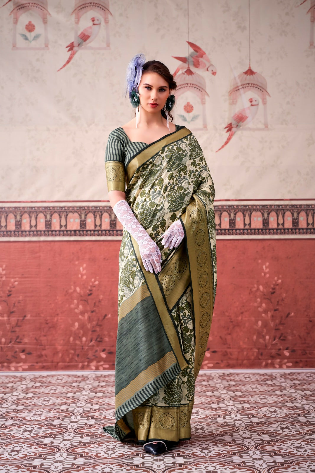 Vastranavya Mehendi Tussar Silk Printed with Viscose Border Saree & Unstitched Blouse - Distacart