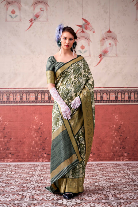Vastranavya Mehendi Tussar Silk Printed with Viscose Border Saree & Unstitched Blouse