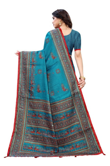 Vamika Blue Mirror Work With Jhalar Khadi Silk Sarees