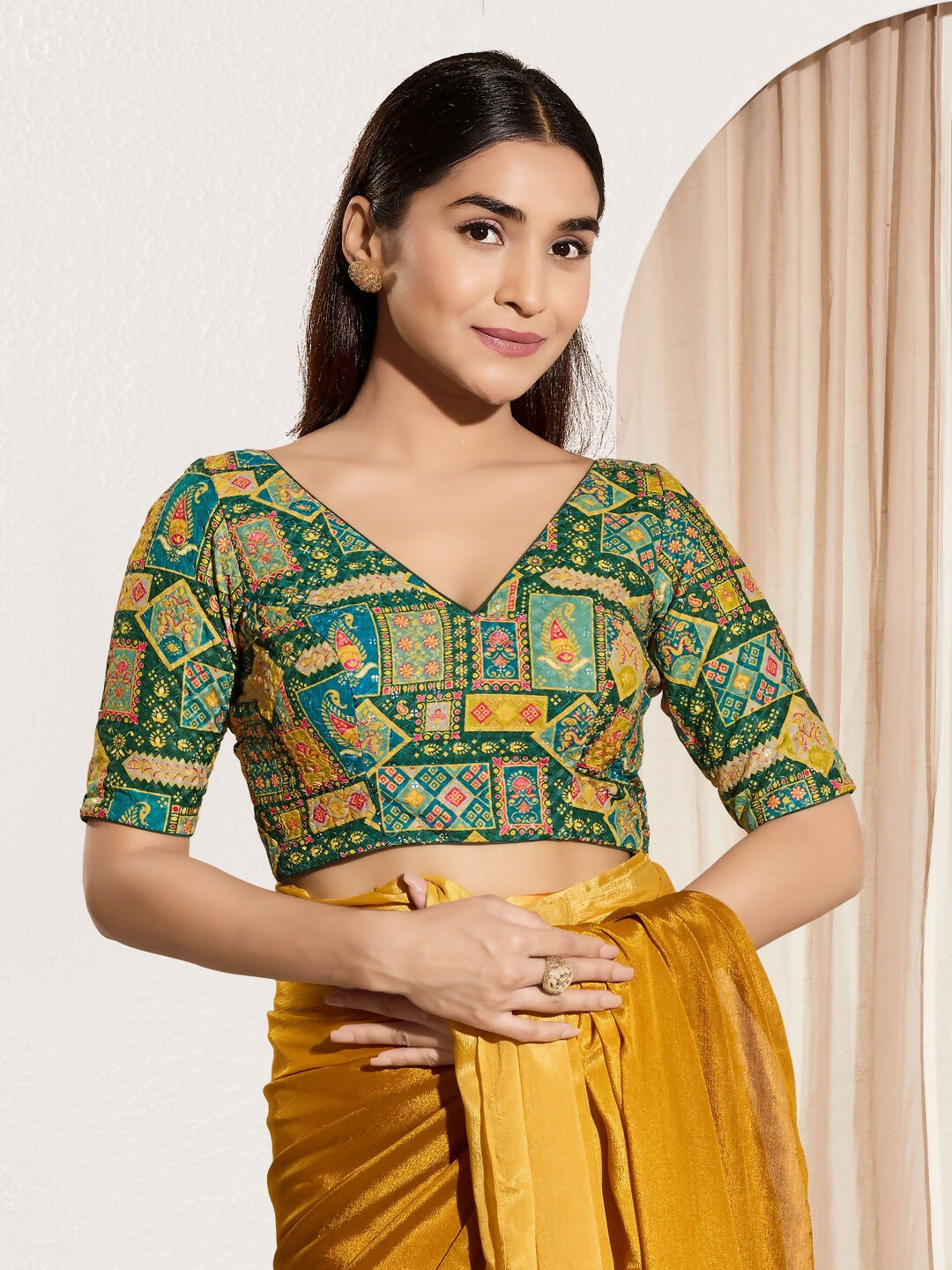 Joban Fashion Bottle Green Viscose Rayon Padded Blouse With V Neck Elbow Sleeves - Distacart