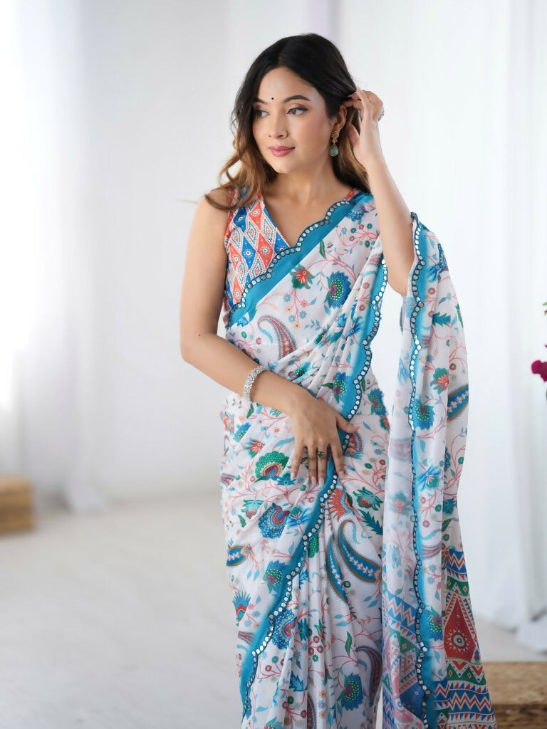 Off White Chinon Designer Digital Printed,Mirror Cut Work Saree - Elayna