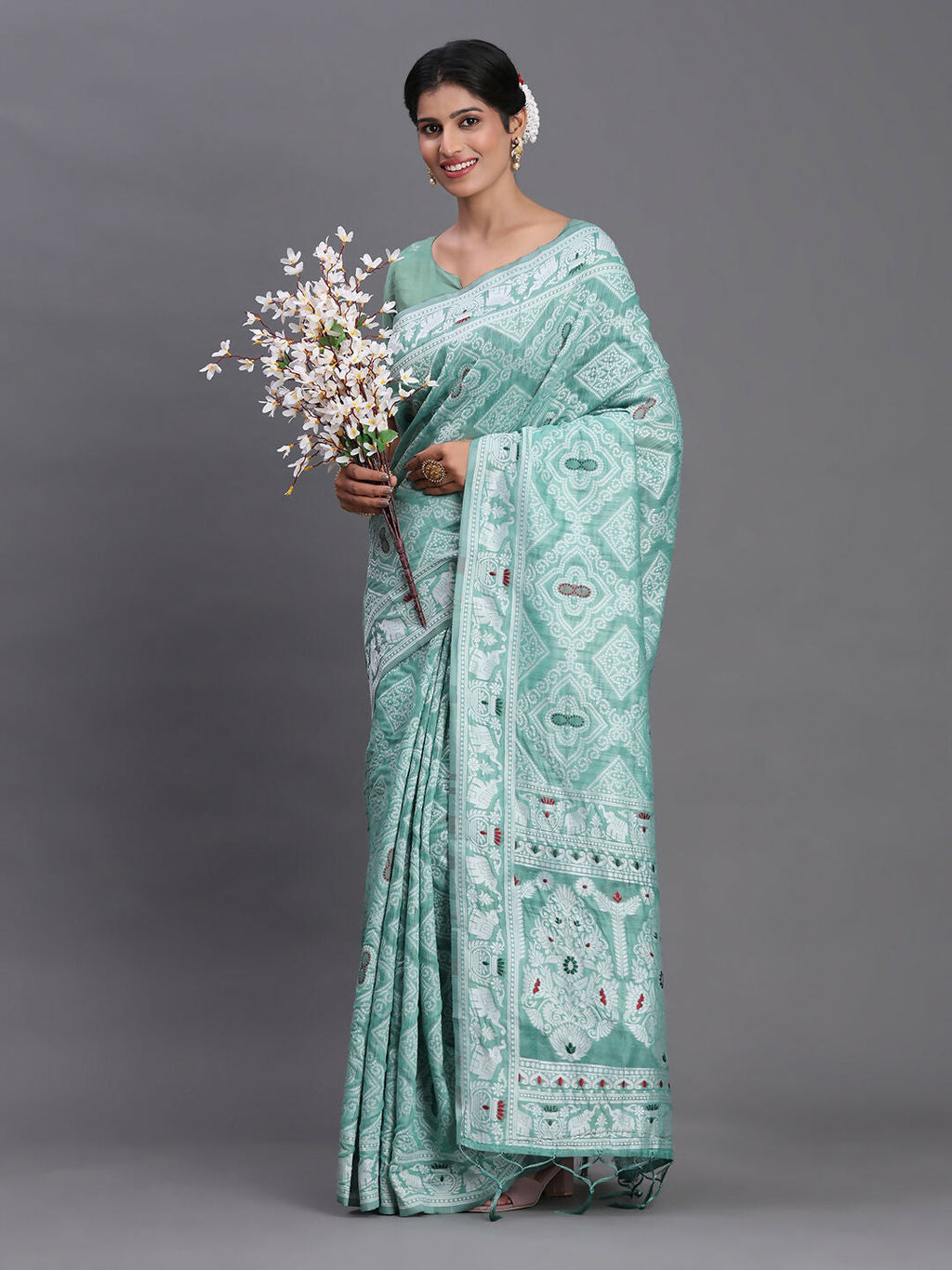 Shree Shyam Fashion Linen Cotton Sea Green Saree - Distacart