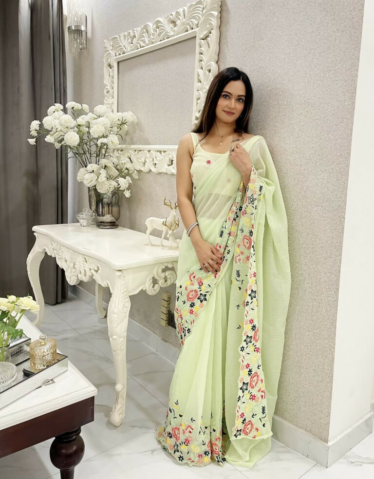 Green Shimmer Silk Multi Thread Sequence Embroidery Work Saree - Kashta