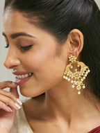 Nuyug 22K Gold-Plated Kundan and Pearl Earrings with Floral Stud and Intricate Crescent Design Chandbalis - Distacart