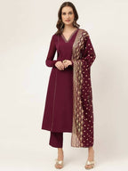 FIORRA Women's Purple Poly Crepe A-Line Kurta Pant With Dupatta