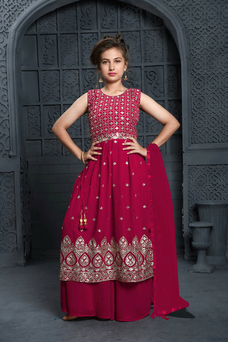Kids Wedding Designer Pink Georgette Naira Cut Salwar Suit - Aaradhna