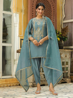 Janasya Light Blue Silk Blend Solid Kurta,Bottom & Dupatta