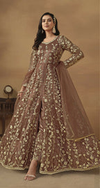 Anaita Brown Embroidered Butterfly Net Anarkali Suit - Distacart