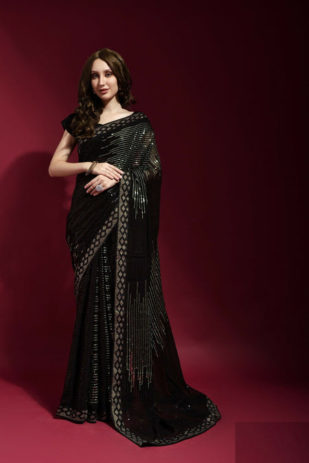Vegaa Fashion Black Georgette Embroidered Party Wear Saree