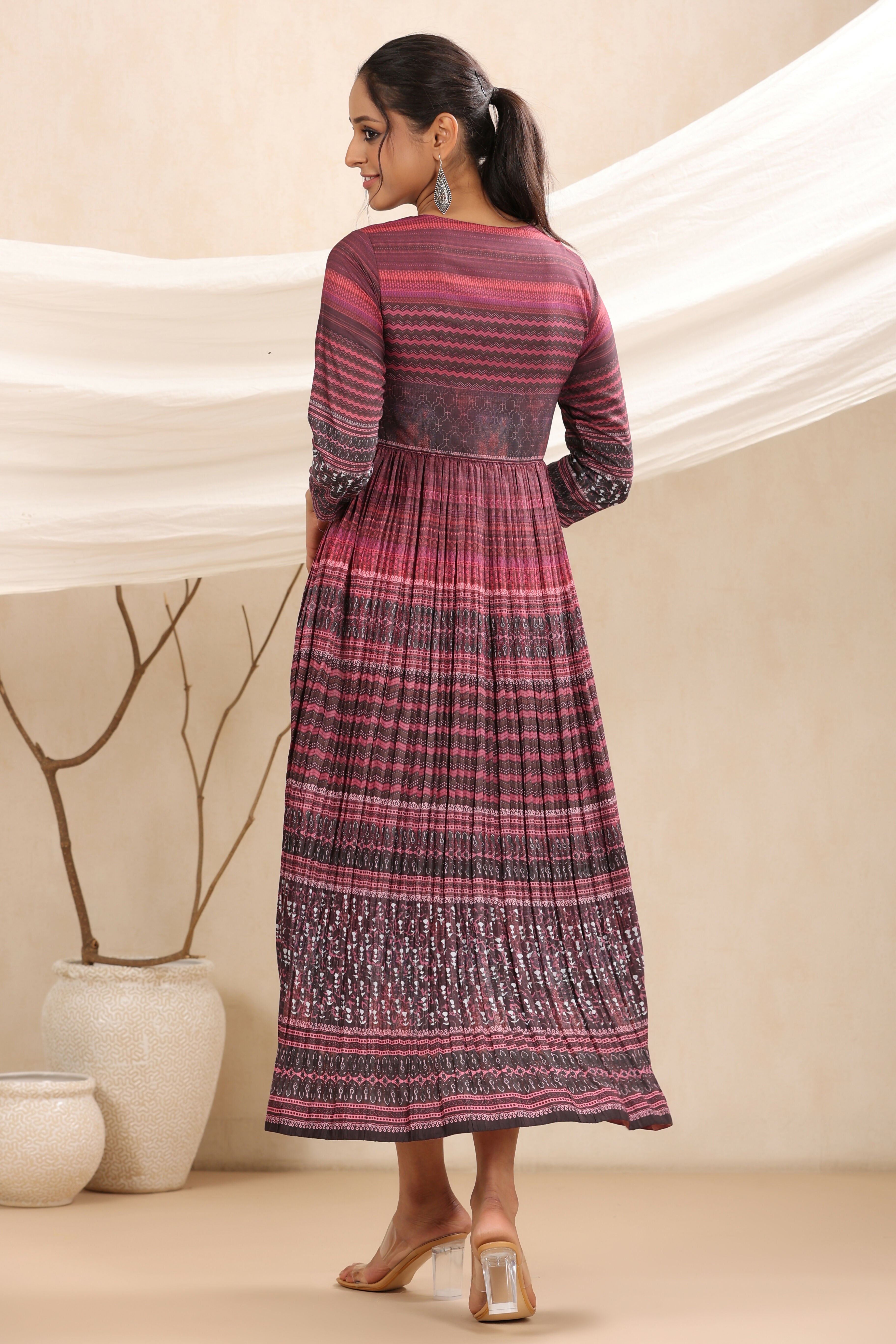 Juniper Purple muslin maxi dress with ethnic motif print with sequins & beads work - Distacart