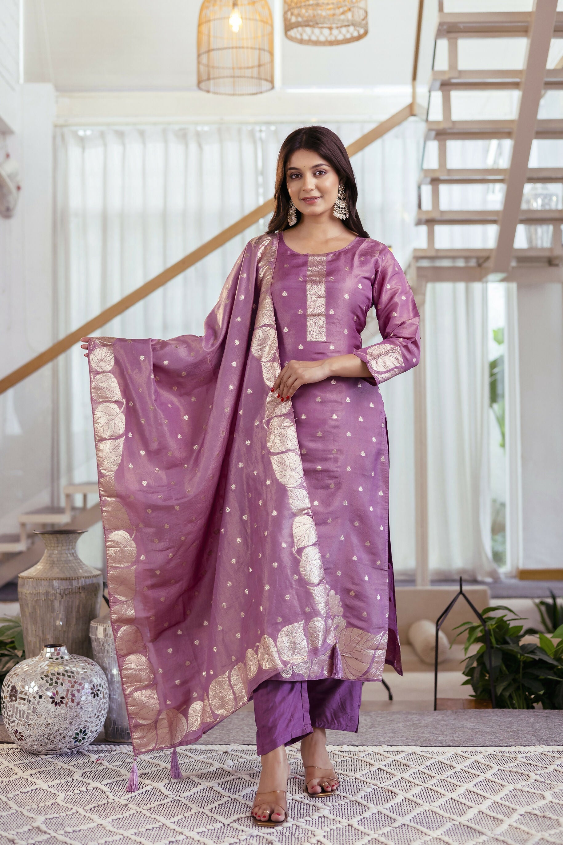The52 Women's Beautiful Jacquard Butti Work Simmer Jacquard Fabric Straight Kurta Pant and Dupatta Set - Distacart