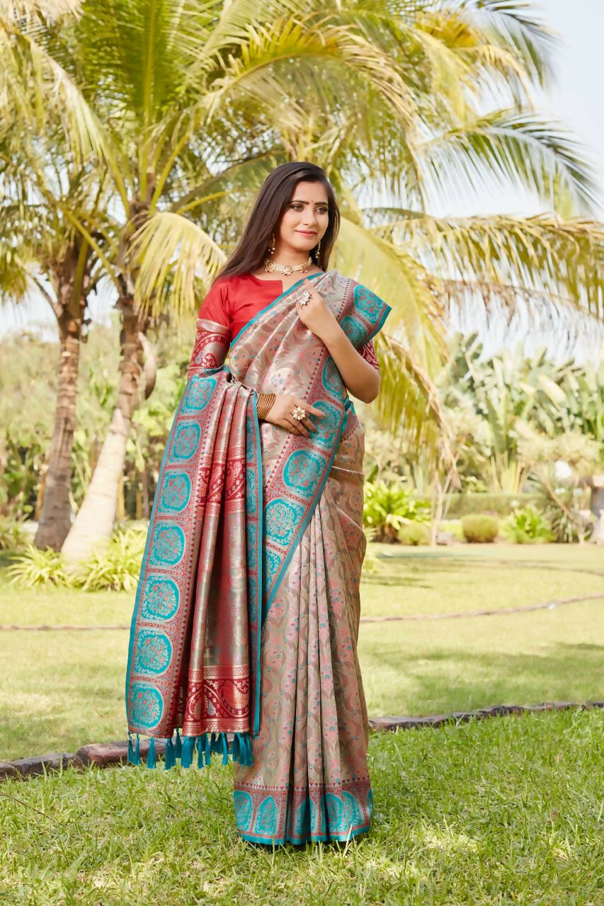 Vastranavya Boutique Collection Kanjivaram Soft Silk Saree With Unstitched Blouse - Peach