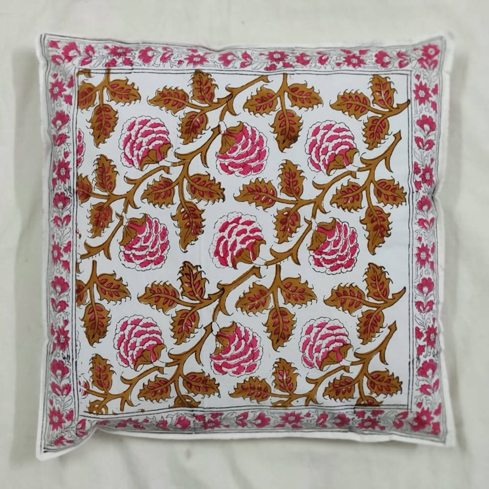 The Decor Nook Pink Brown Floral Print With Pink Border Cushion Cover