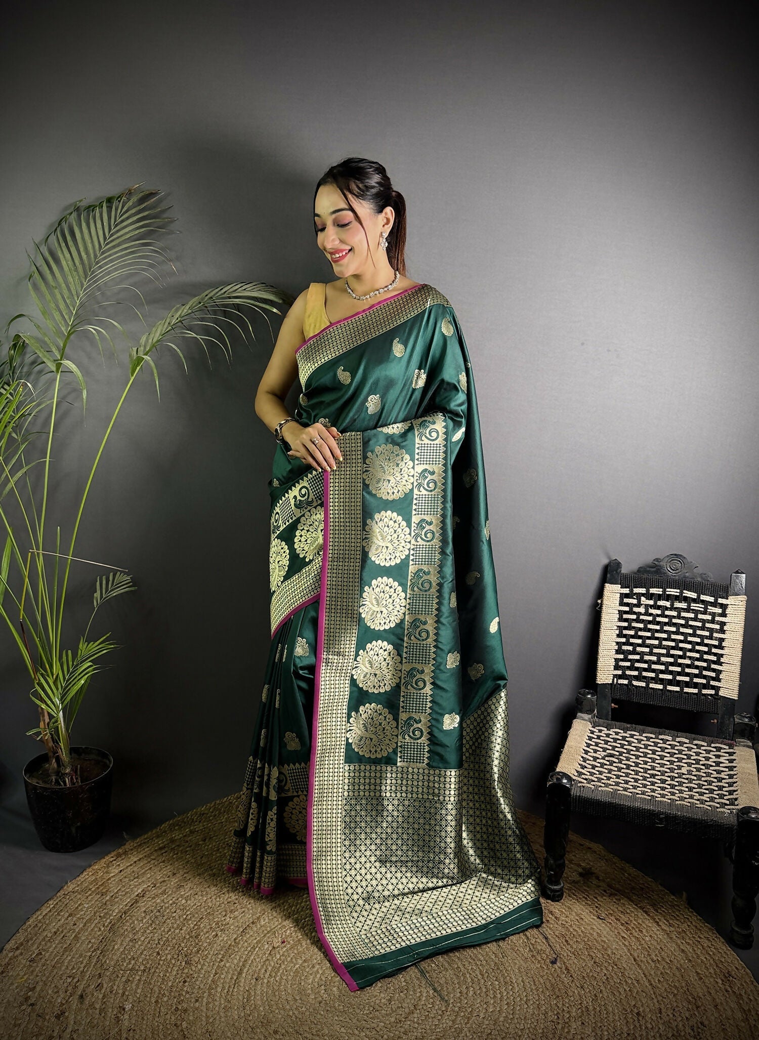 Joban Fashion Dark Green Banarasi Soft Lichi Silk Paisley Saree - Distacart