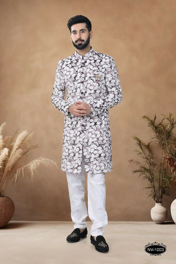 Joban Fashion Men's Brown Straight Swed Velvet Thread & Sequence Embroidery All Over Indo-Western Kurta Set - Distacart