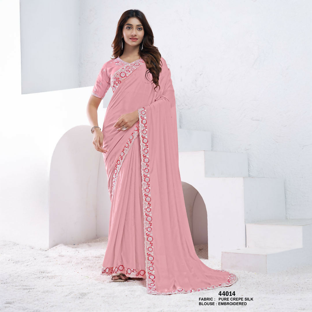 Light Pink Pure Crepe Silk Sequence With Hand Work Saree With Unstitched Blouse - Norita Swaraa