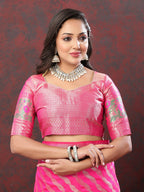 Lorenvalley Fashion Pink Soft Silk Woven Design with Zari Weaving Leheriya Design Saree